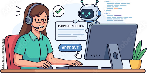 A woman wearing a headset sits at a desk with a computer and robot proposing a solution.