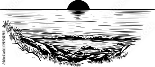 Black and white woodcut style of a serene lake at sunset with reeds and rocks water