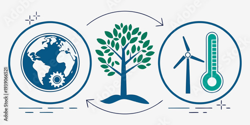 Sustainability and renewable energy represented through global, natural, and technological symbols