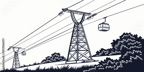 A vintage illustration of a scenic cable car system crossing a mountainous landscape.