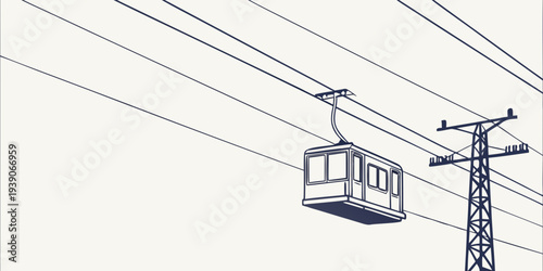 A vintage cable car suspended above a network of electrical wires