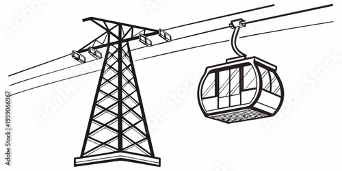 A cable car suspended above the ground powered by an electrical transmission tower.
