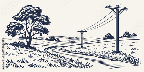 A serene rural landscape featuring a lone tree, farmland, and a distant windmill.