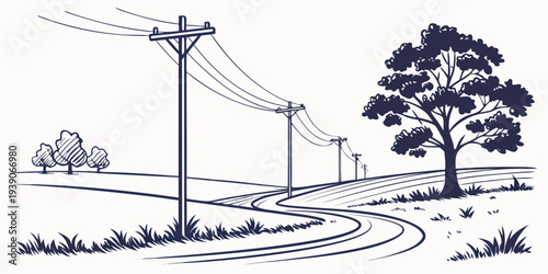 Rural railway line passing through a countryside landscape with utility poles and trees