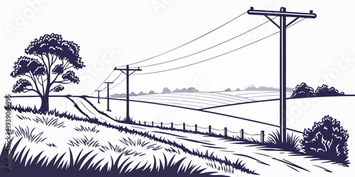 Vintage illustration of railway tracks running through countryside with utility poles