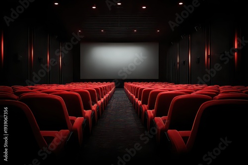 Empty Movie Theater with Red Velvet Seats and Large Silver Screen in Dark Room with Black Walls and Carpeted Floor Lit by Soft Spotlights