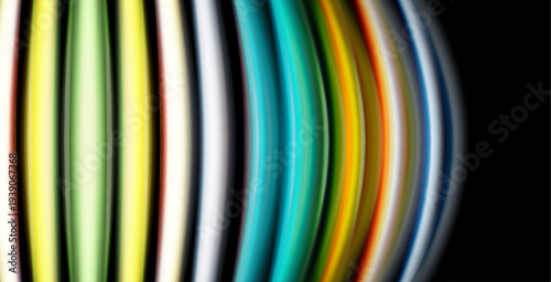 Abstract vertical lines, vibrant colors blend. Gradient effect creates dynamic visual impact. Black background emphasizes bright shapes.