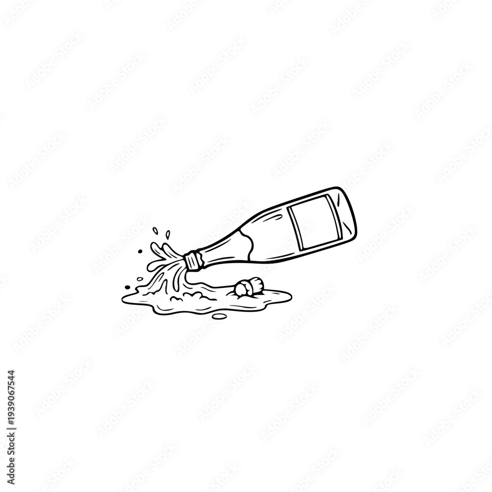 Fototapeta premium Spilled Champagne Bottle Illustration – Celebration Party Mess and Sparkling Wine Overflow Line Art Icon