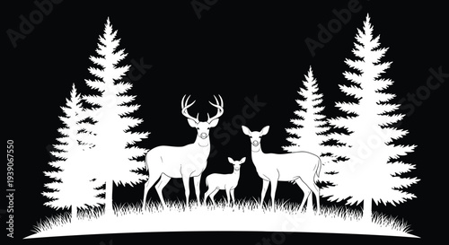 White silhouette of a deer family with buck doe and fawn in a pine tree forest isolated on black background vector