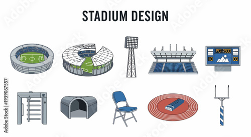 A collection of ten stylized icons related to stadium design and equipment