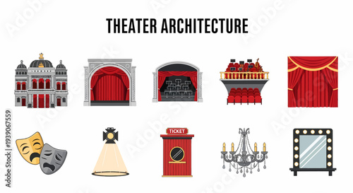 A collection of ten illustrations related to theater architecture and props on a white background