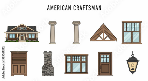 Collection of American Craftsman style house elements and furnishings