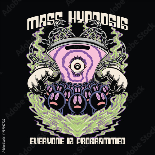 Smartphone Mind Control over the Masses Retro Cartoon Emblem