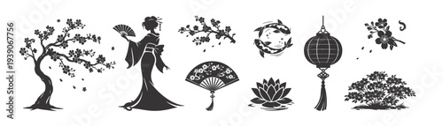 Asian set vector silhouette. Japanese silhouette collection of geisha, koi, fan, sakura, lotus vector