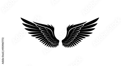 Black Angel Wings Silhouette Isolated on White Background.