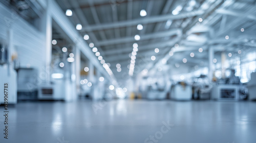 Bright spacious modern factory floor stretches into soft bokeh background lighting.