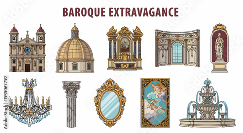 Collection of ten detailed colored line drawings illustrating Baroque architectural elements and decorative items