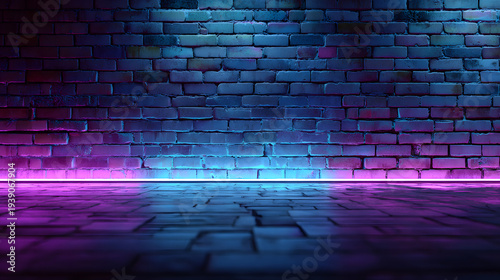 Black brick wall with neon blue and purple lights urban cyberpunk background