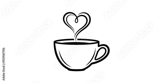 A Simple Hand Drawn Coffee Cup with Steaming Heart Shape.