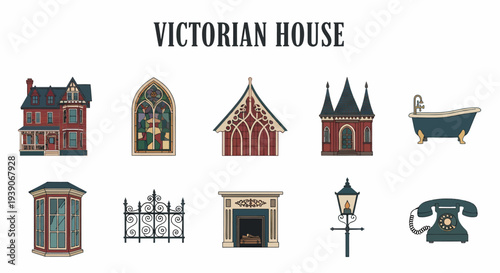 Collection of ten vector illustrations related to Victorian houses and decor