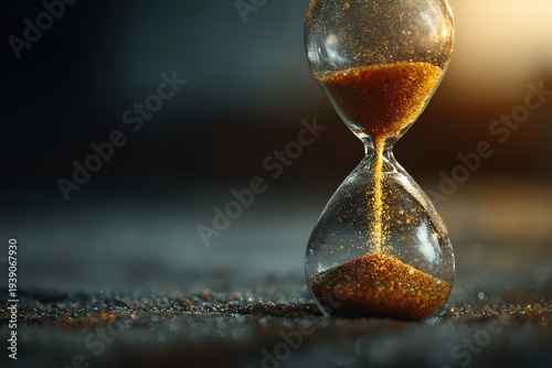 Glittering Hourglass with Golden Sand against Dark Backdrop in Warm Illumination