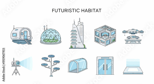 Collection of ten outline illustrations depicting futuristic habitat elements on a white background