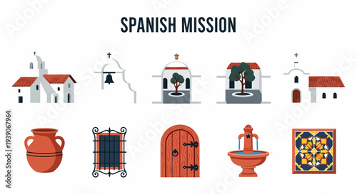 Collection of white stucco Spanish Mission buildings courtyards artifacts and tiles