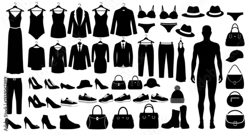Collection of various fashion silhouettes including clothing, shoes, accessories, and a human figure.