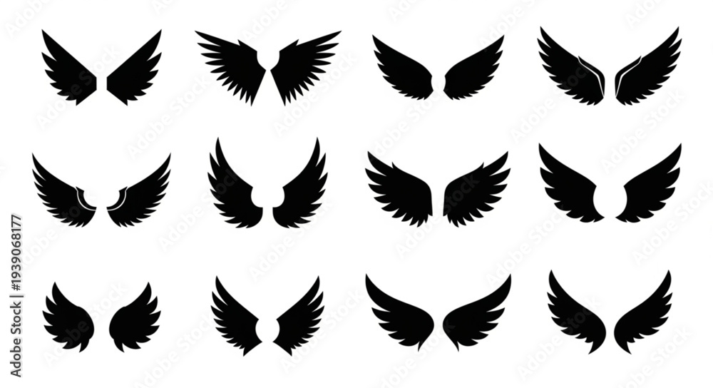 Obraz premium Collection of various black wings illustrations on white background.