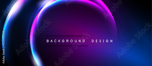 Abstract neon circles overlap dark background. Gradient purple, blue hues create modern visual effect. Text reads background design.