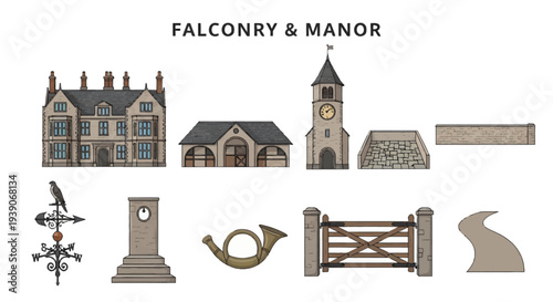 Illustrations of manor house elements a large house barn clock tower paving wall weathervane post horn gate and path