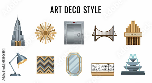 Illustration of various Art Deco style icons including a skyscraper sunburst elevator bridge theater marquee lamp rug mirror balcony and fountain