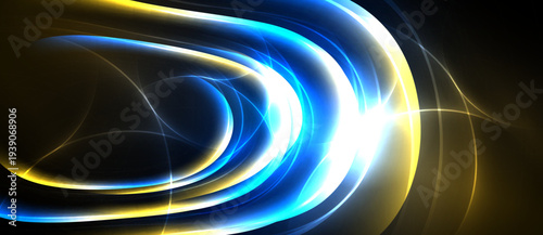Abstract light streaks, vibrant blue, gold hues. Dynamic curves create energy, flowing forms against dark background. Modern design.