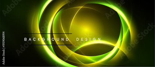 Abstract neon circles, vibrant green hues, dark background. Modern design element, dynamic flow, energy radiates outward.