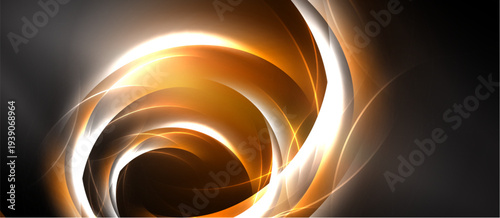 Abstract swirls, orange hues, bright light create dynamic energy. Smooth curves suggest movement, depth within darkness.