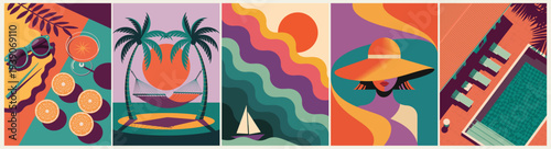 A set of five retro-inspired summer posters in a vibrant, flat design style. Includes top-down table setting with sunglasses and cocktail, tropical beach with hammock and palms, abstract seascape.