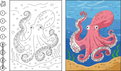 Pink Octopus Coloring Page and Illustration in Ocean Scene