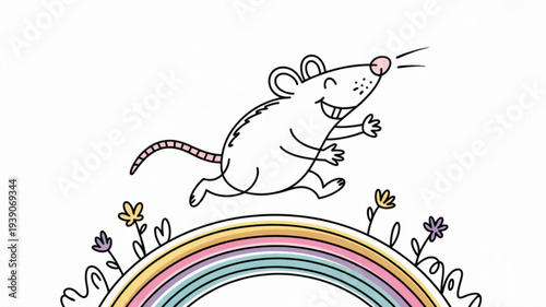 Smiling mouse jumping over colorful rainbow with flowers