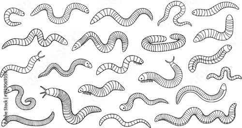 Seamless Hand-Drawn Doodle Pattern of Cute Cartoon Worms and Larvae. Black and White Outline Illustrations of Garden Worms, Earthworms, and Larva in Various Poses.
