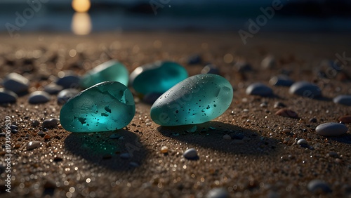 Turquoise Sea Glass on Sandy Beach