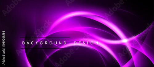 Abstract purple neon waves form dynamic background. Smooth curves create futuristic, glowing effect. Minimalist text adds design element.