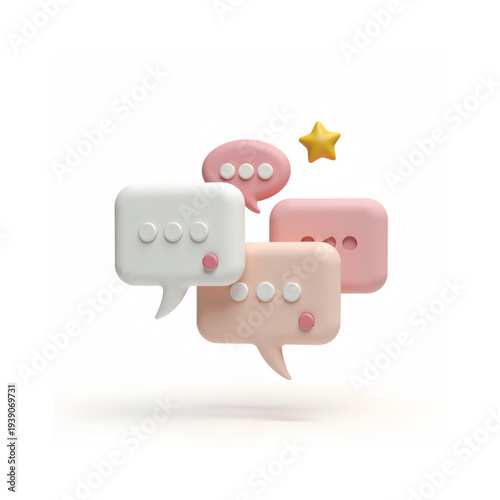 3D illustration of pastel-colored chat bubbles representing online communication, messaging, and social media interaction on a soft minimal background.