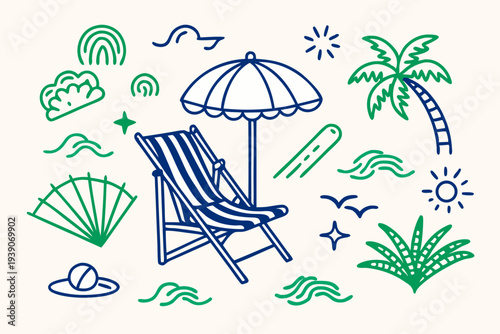 Vector illustration set of summer beach icons featuring a relaxing tropical vacation resort with a beach chair and umbrella on the sand by the sea.