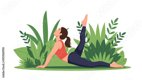Graceful woman performing a challenging yoga pose, upward-facing dog with a raised leg, amidst a serene and lush green natural environment.