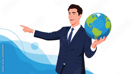 Confident businessman in a suit pointing forward with conviction, holding a globe in his other hand, symbolizing global vision and strategic leadership.
