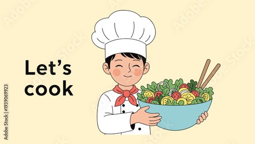 Smiling boy dressed as a chef proudly presenting a colorful bowl of fresh salad with tongs, enthusiastically encouraging everyone to "Let's cook".