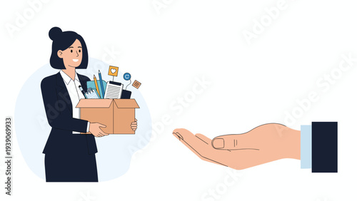 Cheerful businesswoman holding a box of personal belongings and office supplies, with a welcoming hand extended, symbolizing job transition and new opportunities.