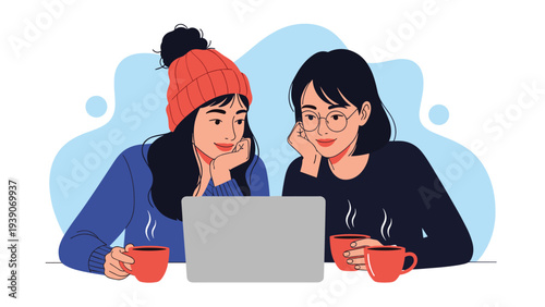 Two young women with coffee mugs, comfortably sharing a laptop screen in a cozy indoor setting, symbolizing friendship, collaboration, or remote work.