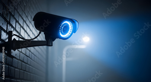 Security camera with blue glowing lens night