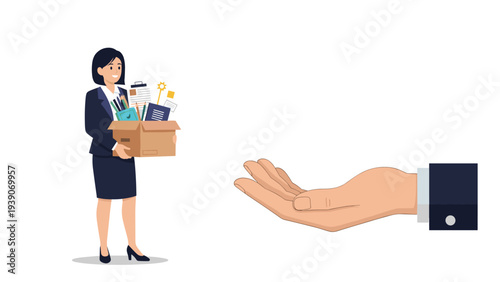 Professional businesswoman holding a box of personal belongings, with a welcoming hand extended, symbolizing job transition and new career opportunities.
